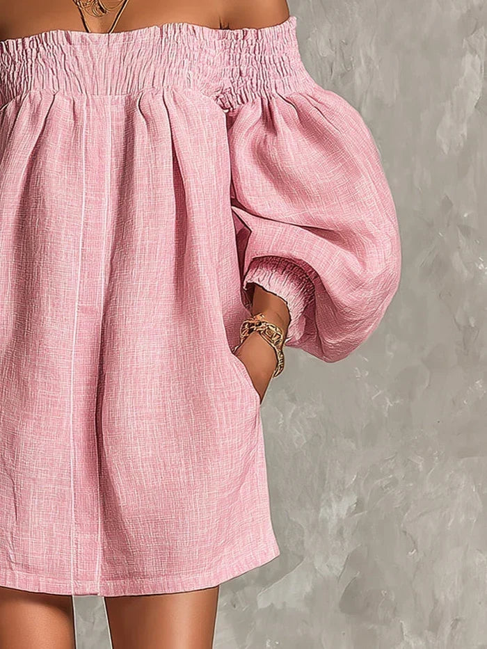 Vestido mini rosa con cintura fruncida y mangas farol abullonadas, corte holgado