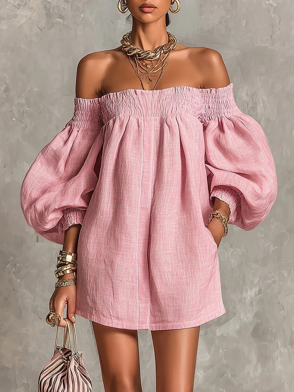 Vestido mini rosa de hombros al descubierto con mangas farol y escote bardot