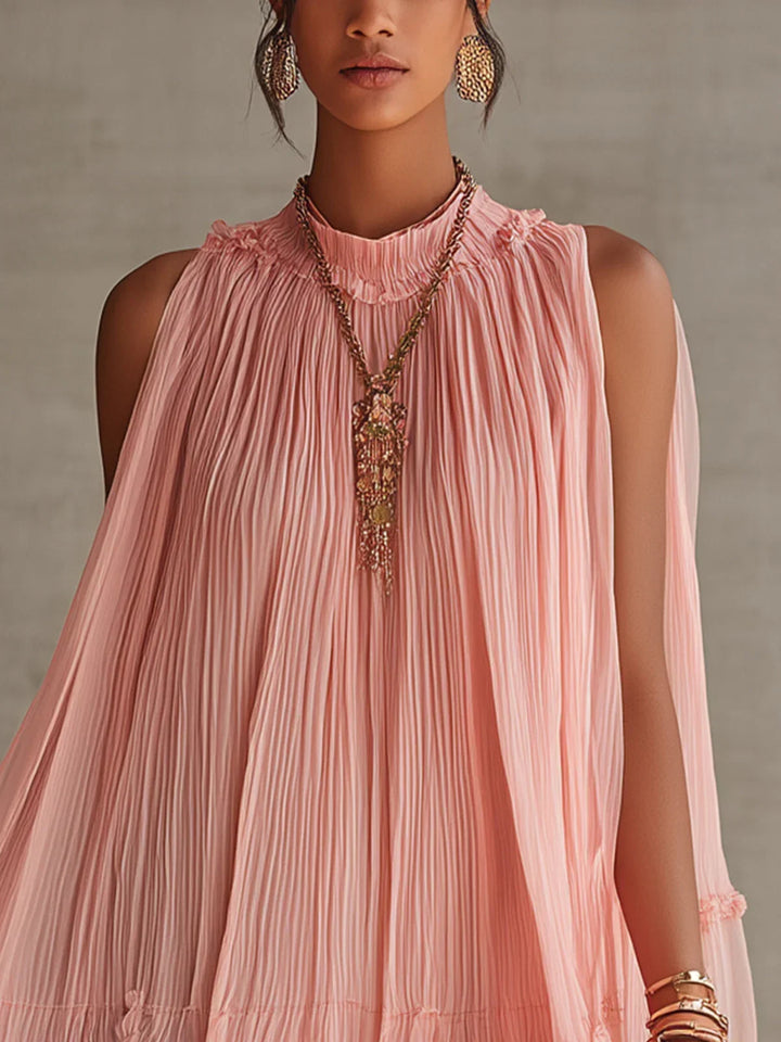 Vestido mini de gasa rosa a rayas con escote halter fruncido y capas vaporosas