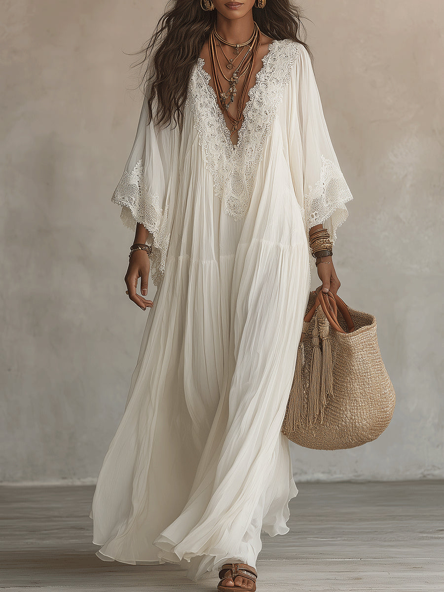 Indara – Vestido largo de blanco con escote en V - Musa de Ibiza