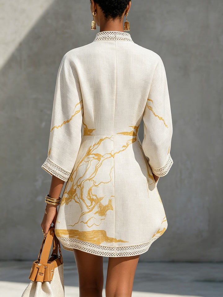 Elena™ – Vestido Mini de Encaje Crochet con Escote en V en Oro Marfil