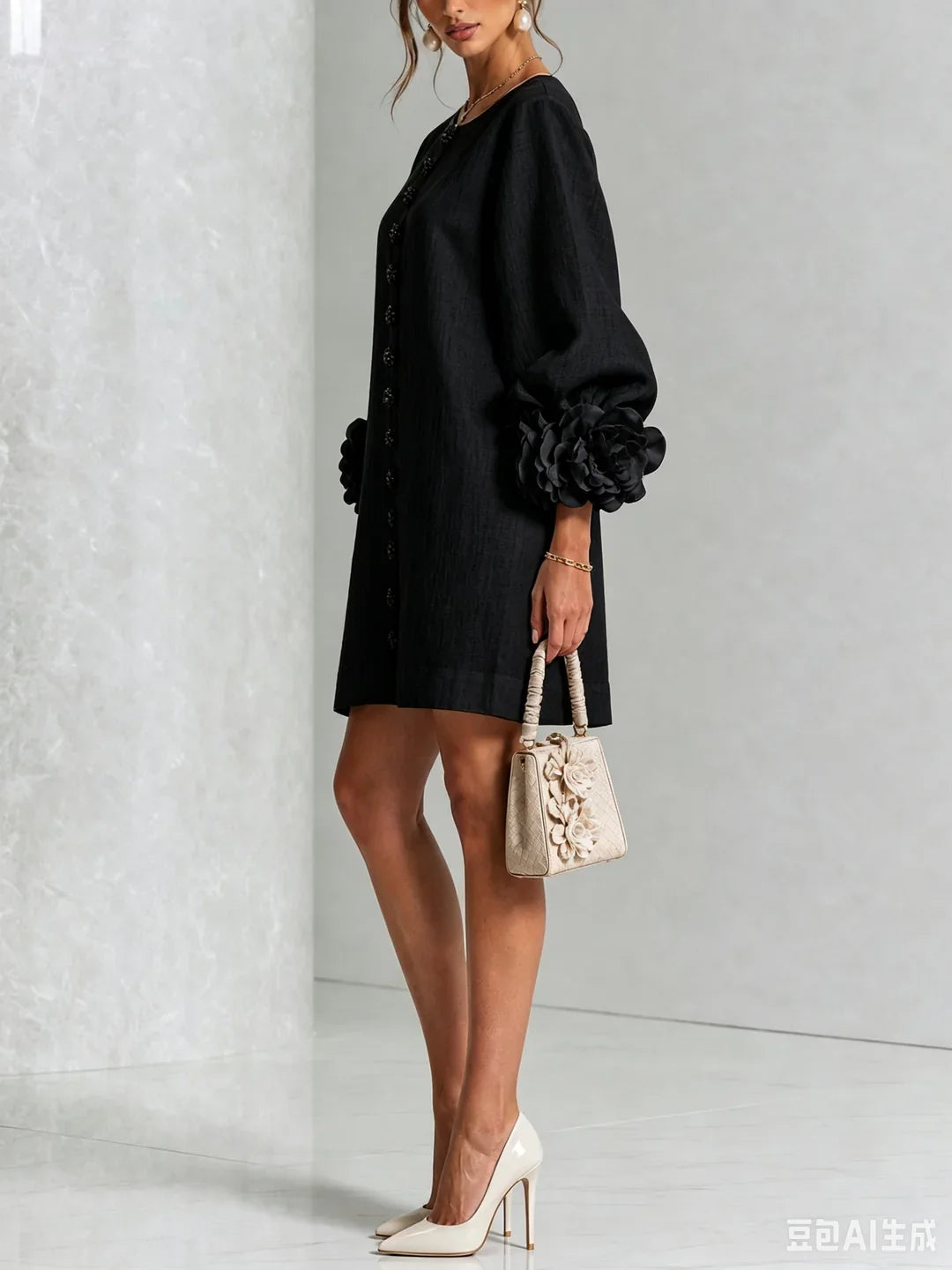 Vestido mini negro con botones frontales y mangas con apliques florales