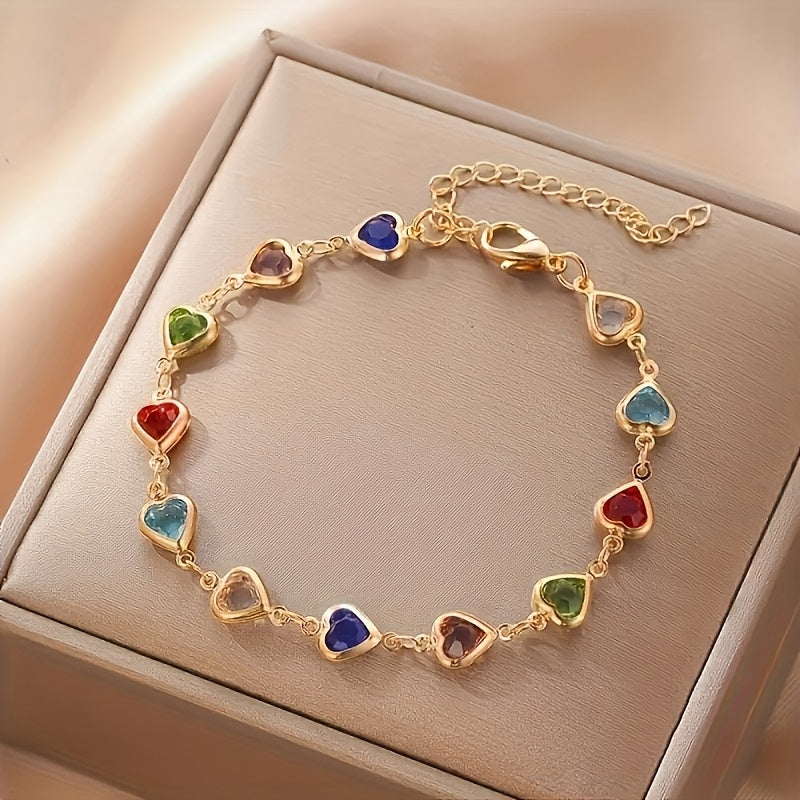 Pulsera de corazones multicolor con cadena dorada y dijes en forma de corazón
