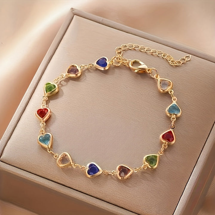 Pulsera de corazones multicolor con cadena dorada y dijes en forma de corazón
