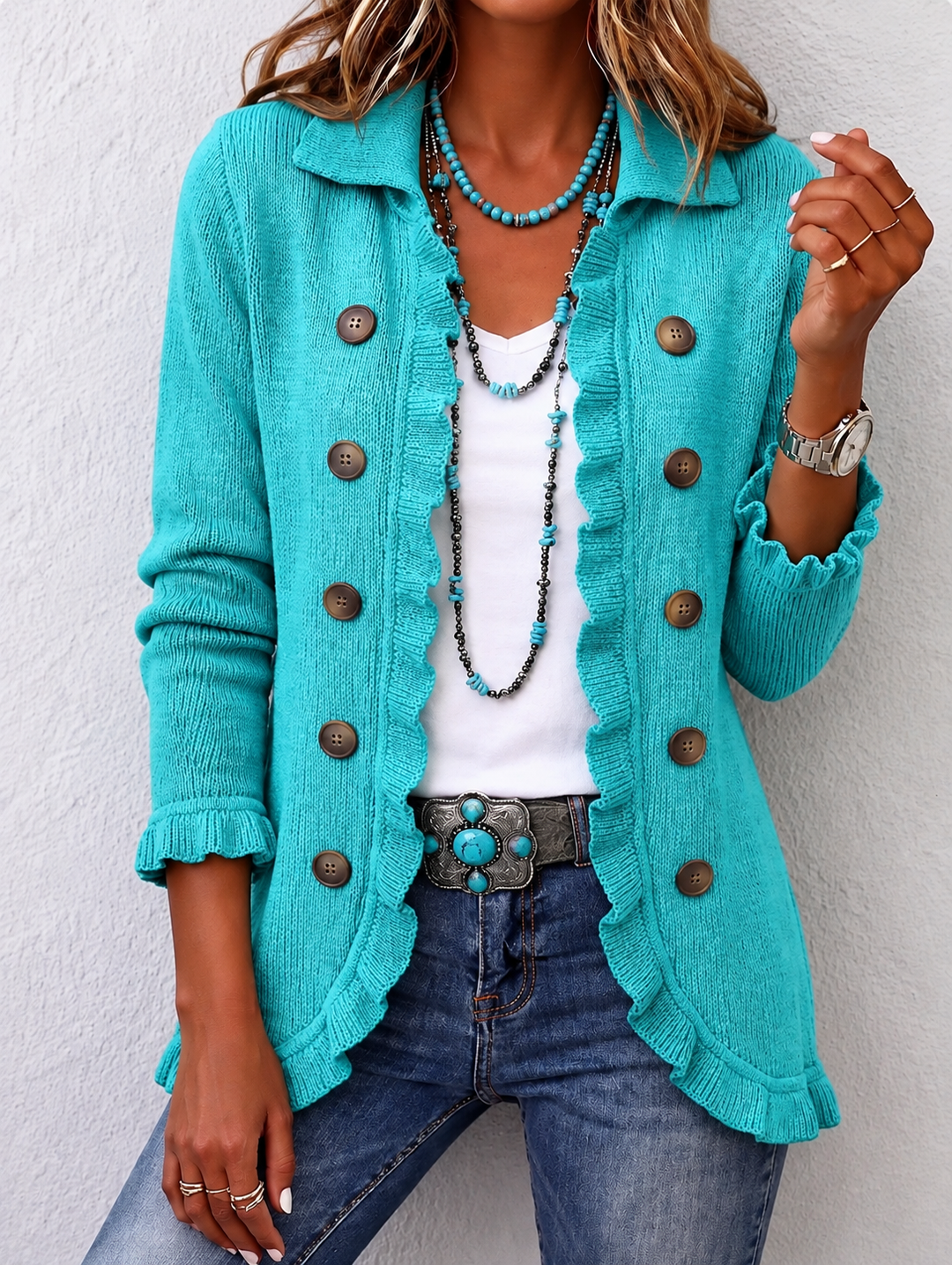 Chaqueta de punto turquesa con volantes y botones marrones, cuello solapa