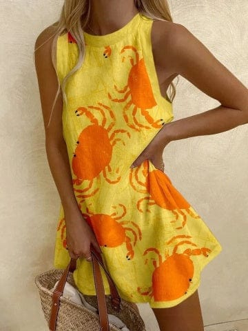 Vestido mini Adalee™ sin mangas amarillo con estampado naranja de cangrejos y falda abombada