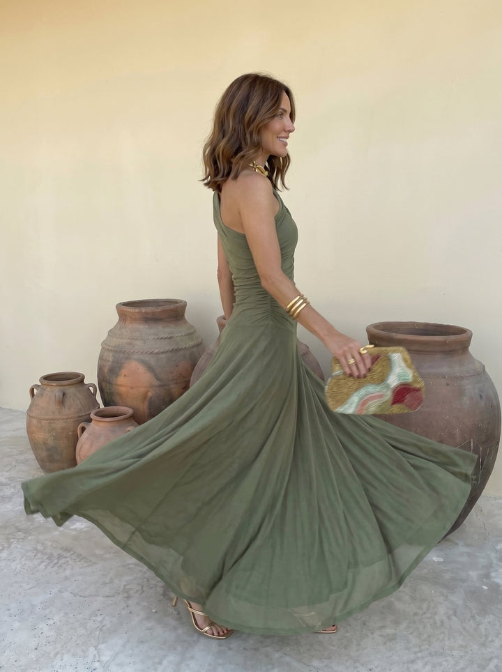 Inés™ | Vestido Largo Hombro Caído Terracota