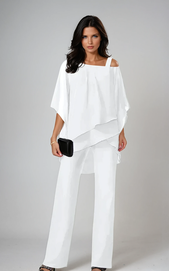 Conjunto de dos piezas blanco: blusa de hombros descubiertos y pantalón ancho