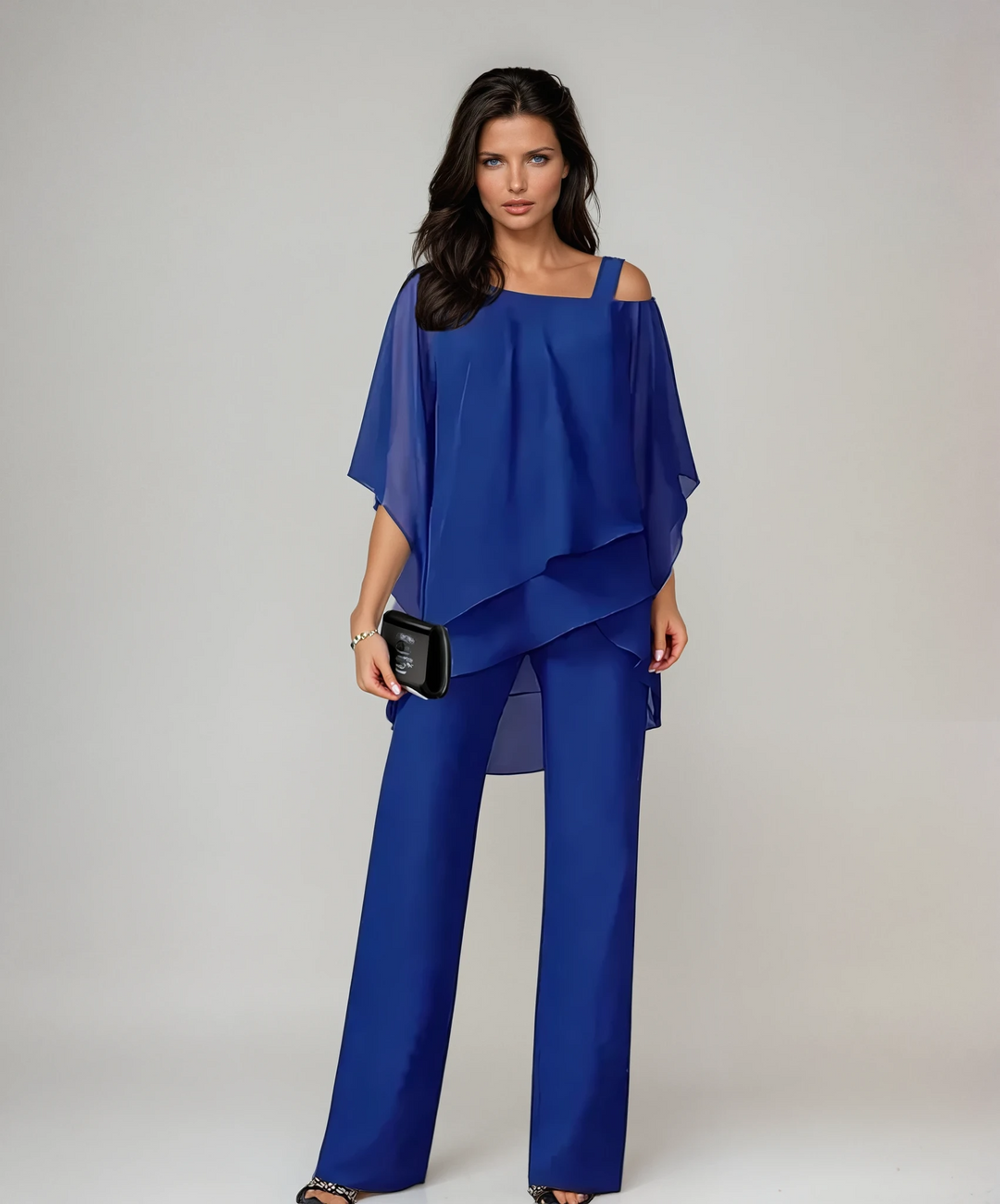 Conjunto de dos piezas azul: blusa holgada con caída y pantalón ancho