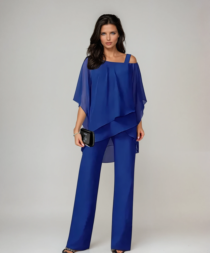 Conjunto de dos piezas azul: blusa holgada con caída y pantalón ancho