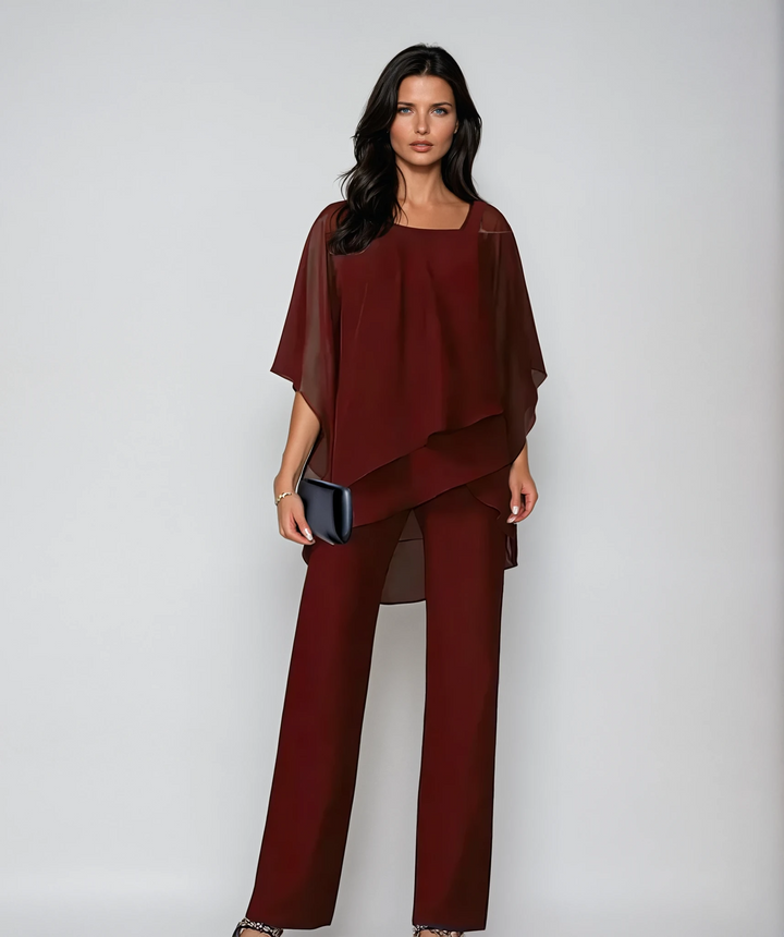 Conjunto de dos piezas rojo: blusa suelta con caída y pantalón de pierna ancha