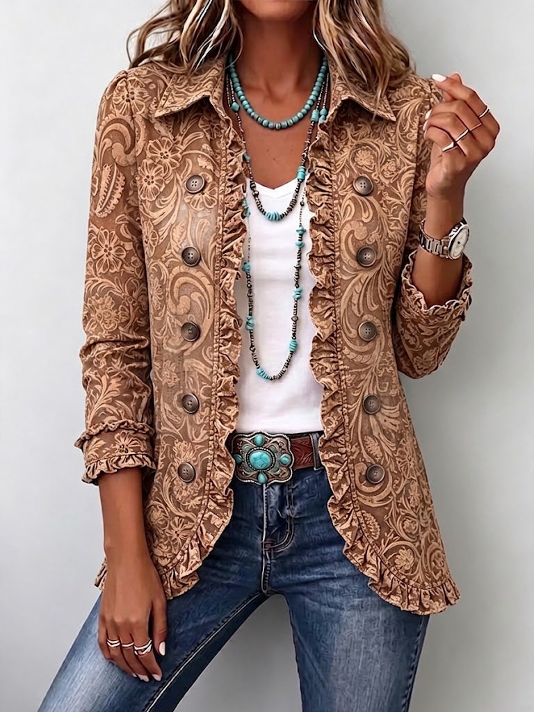 Chaqueta vintage marrón con estampado floral, botones metálicos y volantes