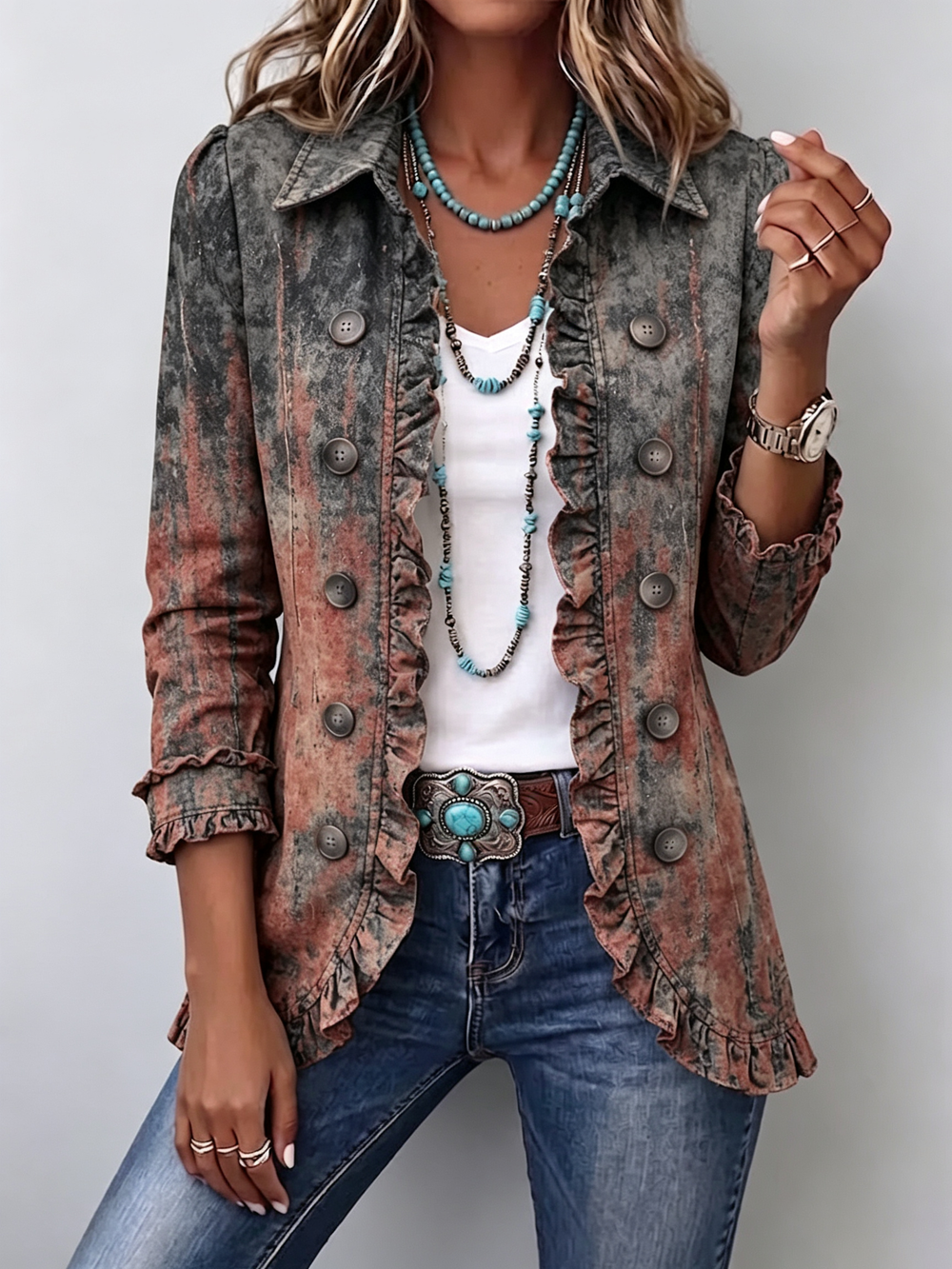 Chaqueta degradado texturizada con volantes, manga tres cuartos y botones delanteros