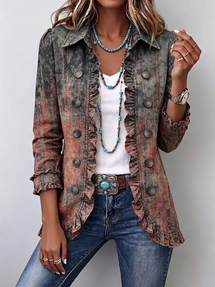 Chaqueta degradado texturizada con volantes, manga tres cuartos y botones delanteros