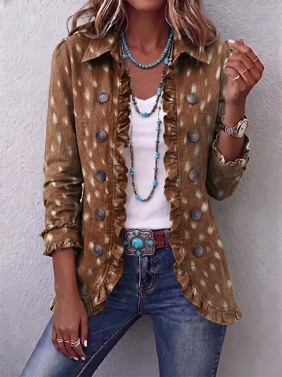 Chaqueta marrón estampado animal con botones y volantes en dobladillo y puños