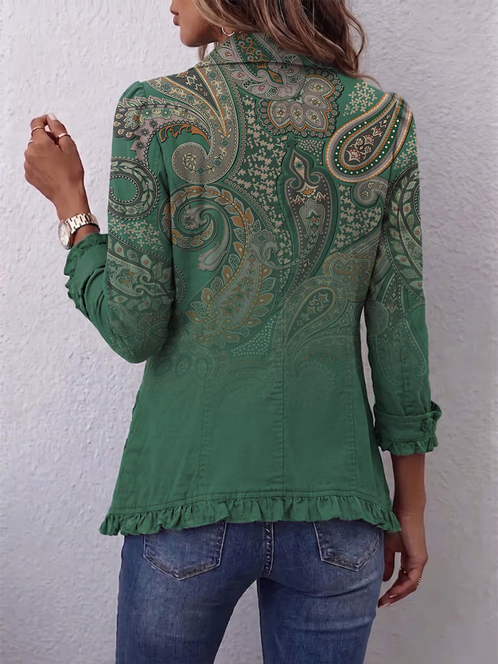 Chaqueta Jacinta verde con volantes y panel trasero estampado paisley