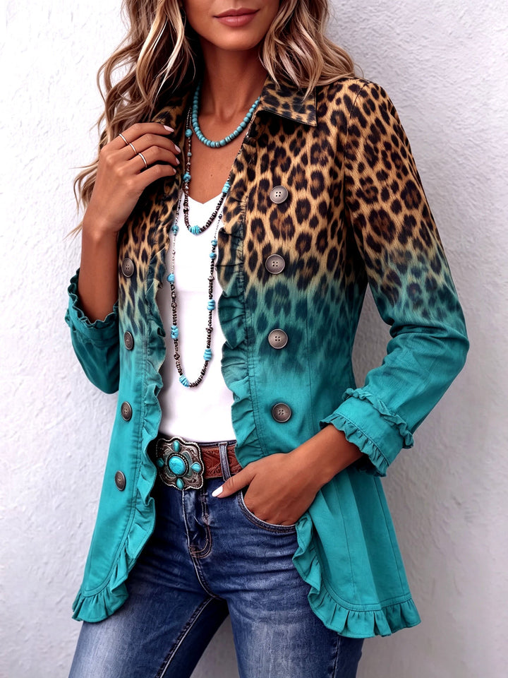 Chaqueta tipo blazer degradada turquesa con estampado leopardo y botonadura frontal