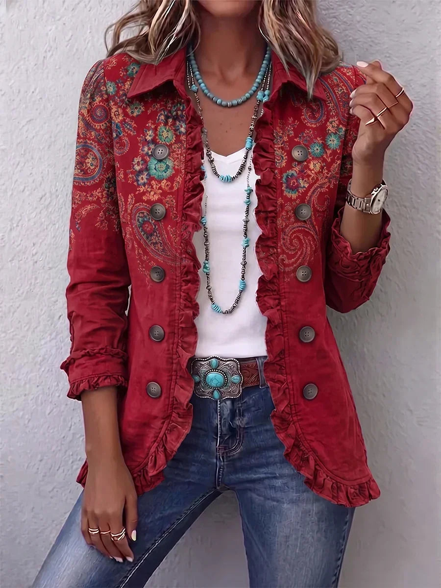 Chaqueta de cachemira roja con volantes, botones y estampado
