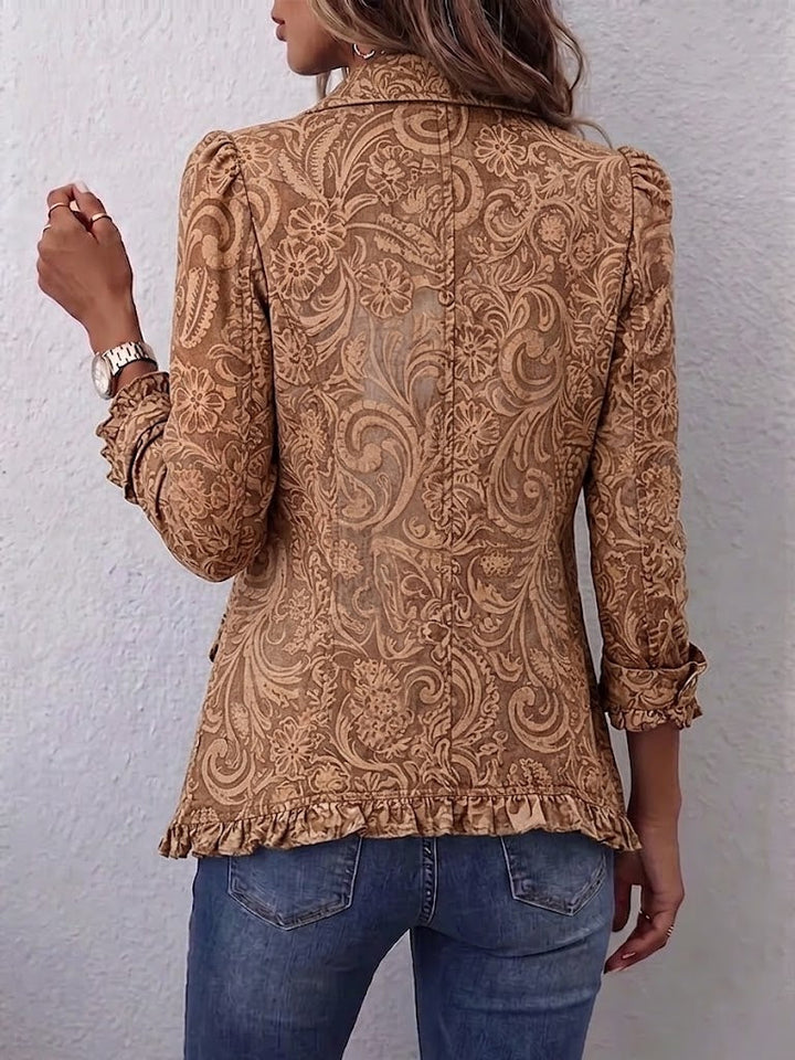 Chaqueta vintage marrón con estampado floral, botones y dobladillo con volantes