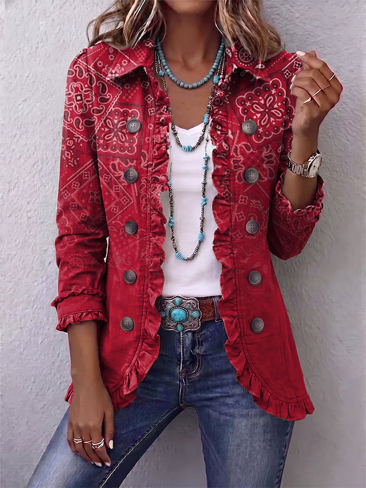 Chaqueta roja estampada con botones, cuello alto y volantes en puños y bajo