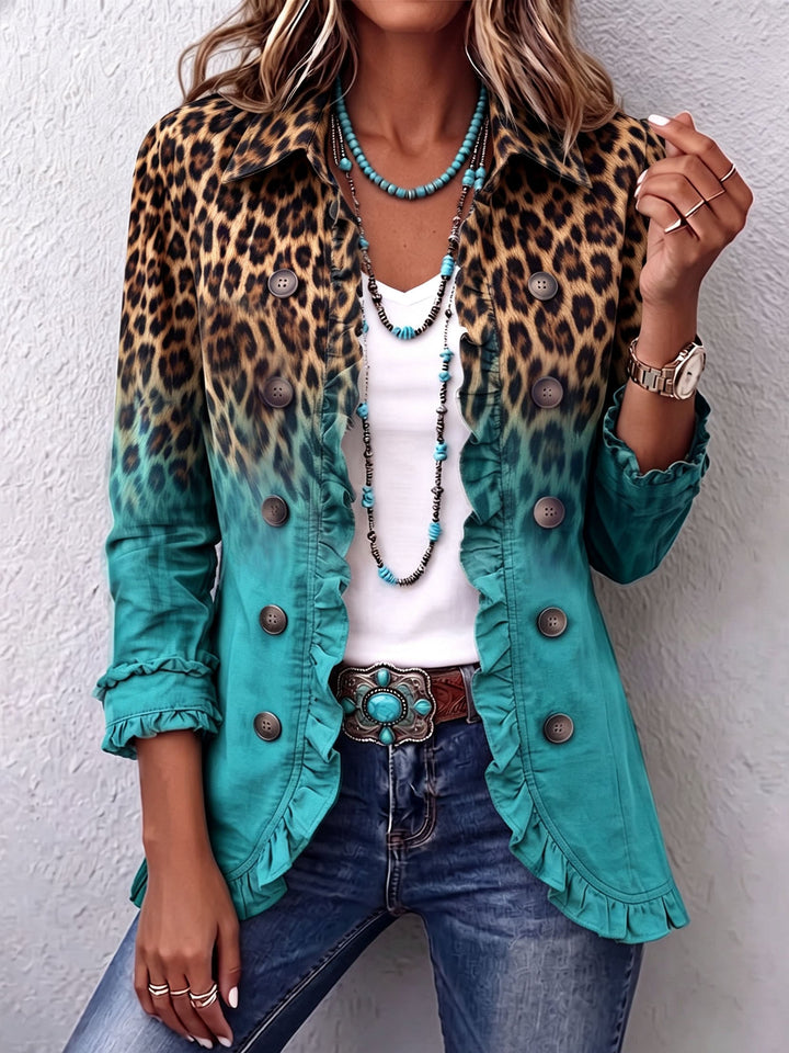 Chaqueta tipo blazer degradada turquesa con estampado leopardo y volantes en bajo y puños