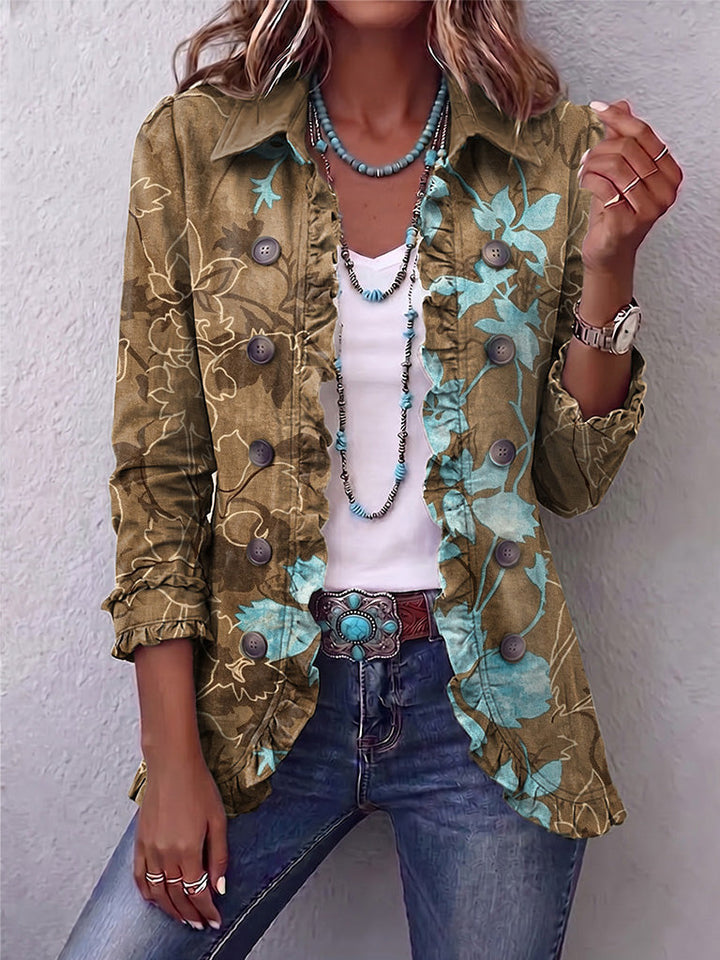 Chaqueta floral degradado oliva y turquesa con botones, cuello y volantes en el frente
