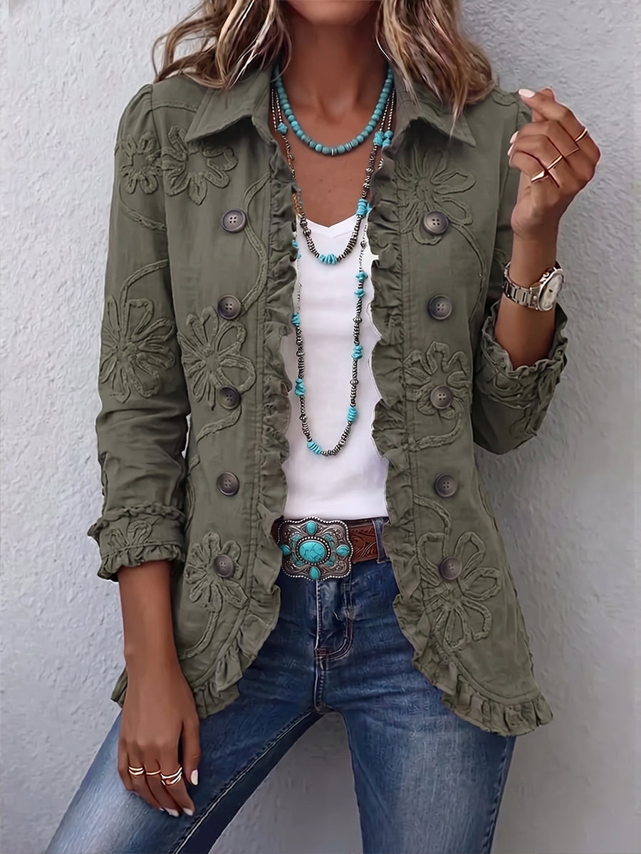 Chaqueta verde oliva bordada con volantes y botones frontales