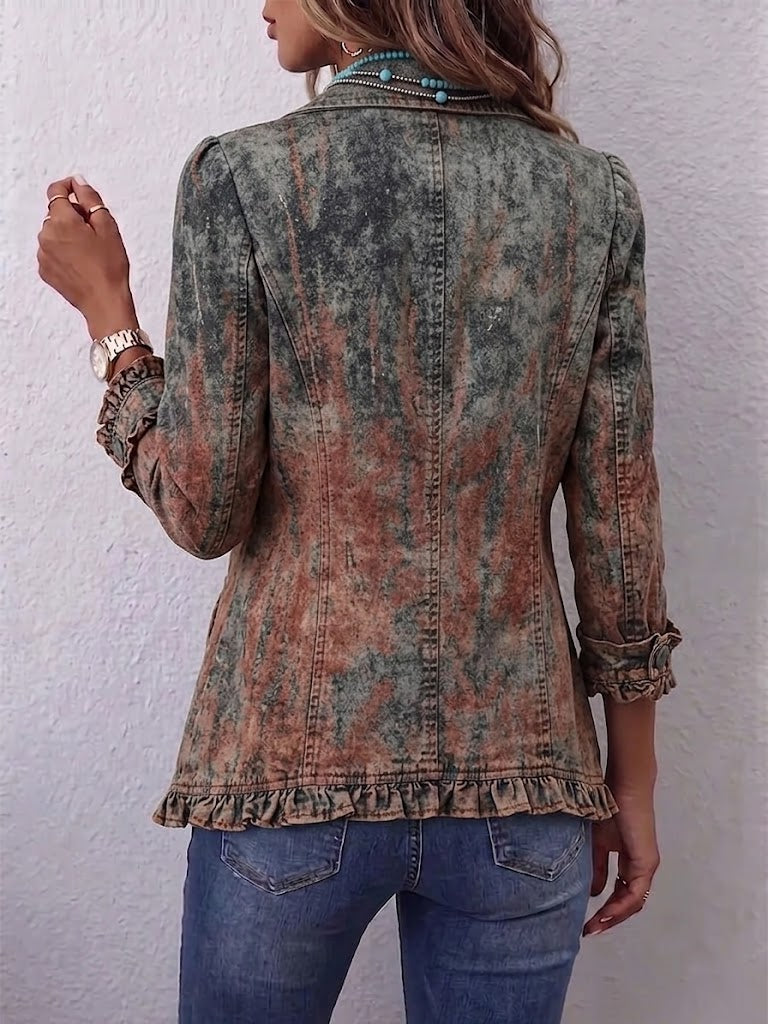 Chaqueta degradado texturizada con volantes traseros y botones, cuello tipo solapa