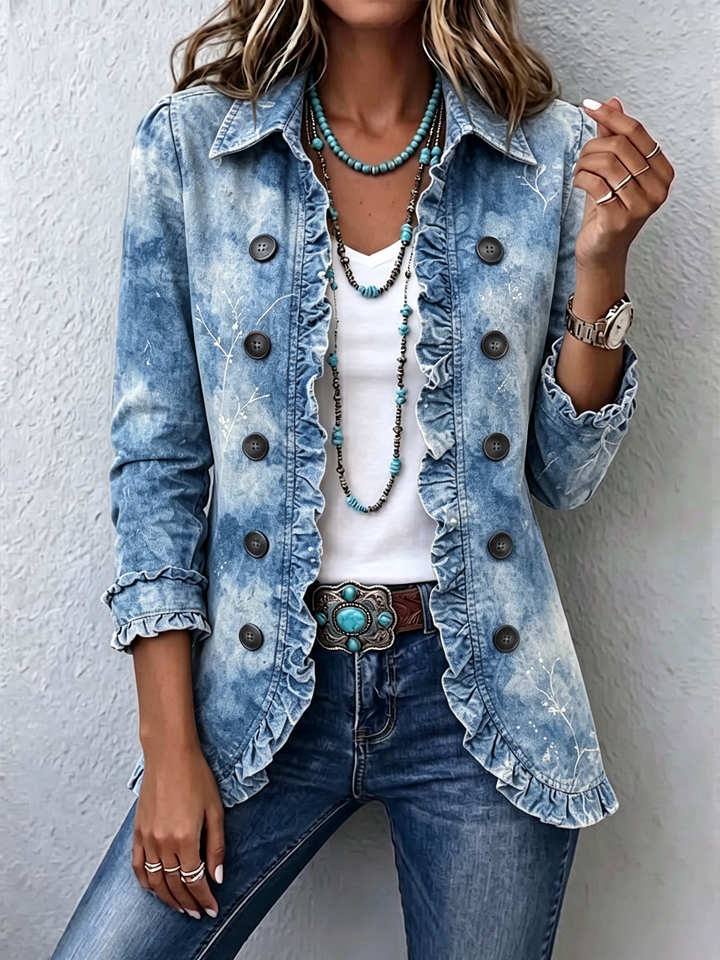 Chaqueta vaquera azul degradado con volantes y botones frontales, manga larga
