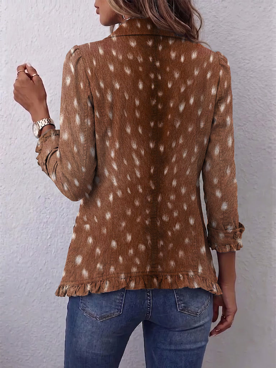 Chaqueta marrón estampado animal con botones y ribete con volantes trasera