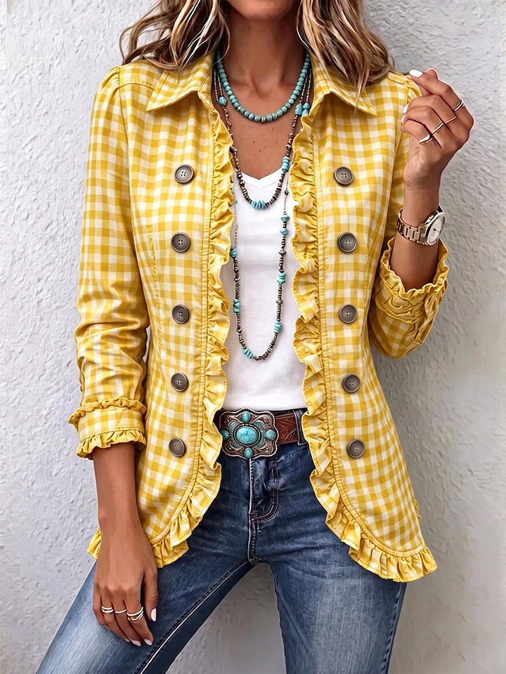 Chaqueta de cuadros Vichy amarilla con volantes y botones tipo parche.