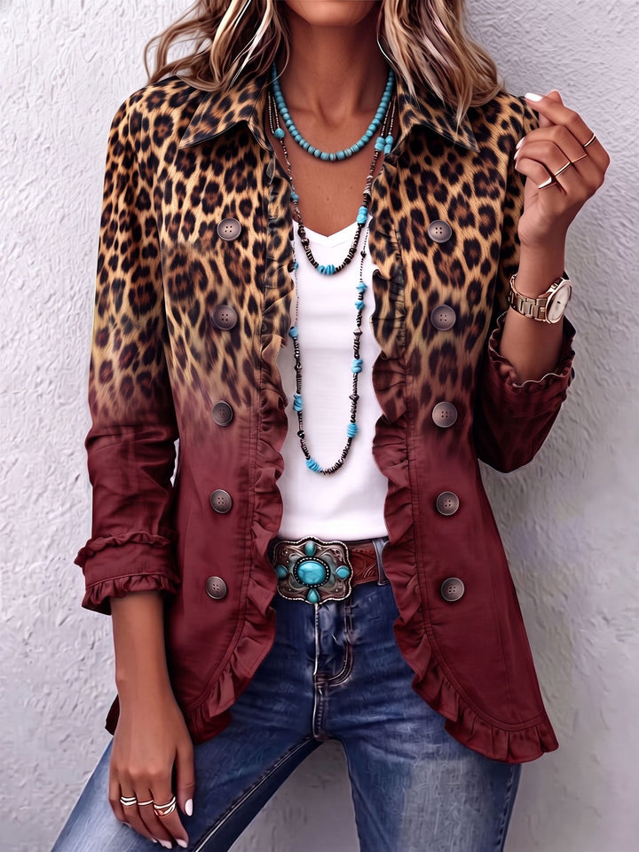 Chaqueta tipo blazer degradada vino con estampado leopardo y volantes en bajo y puños