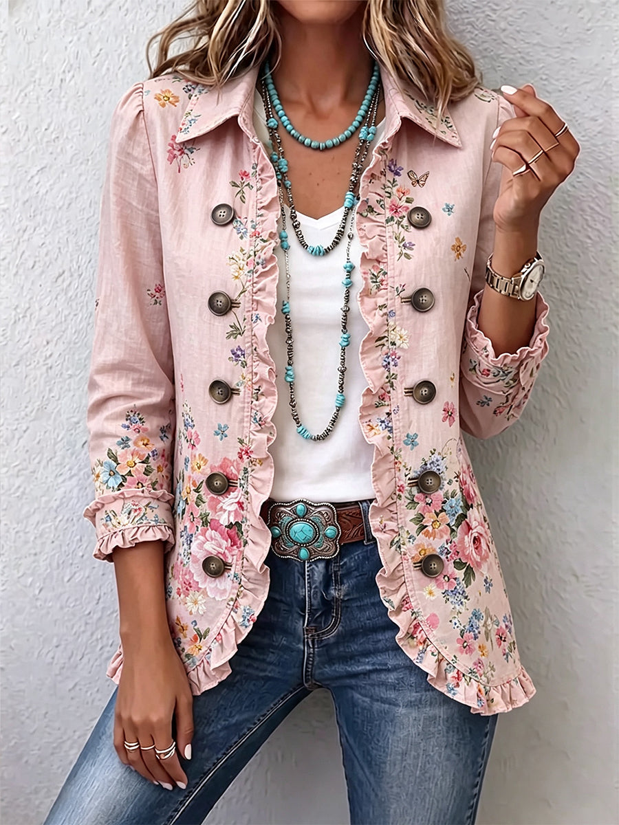 Chaqueta rosa floral con volantes y botones metálicos redondos