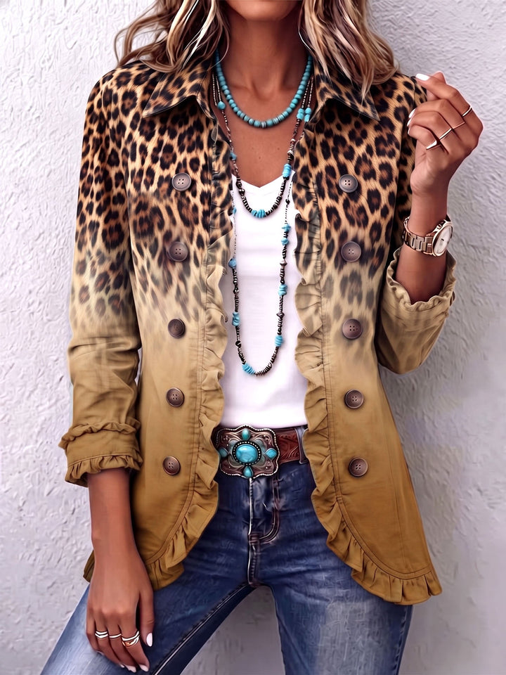 Chaqueta tipo blazer degradada ocre con estampado leopardo y volantes en bajo y puños