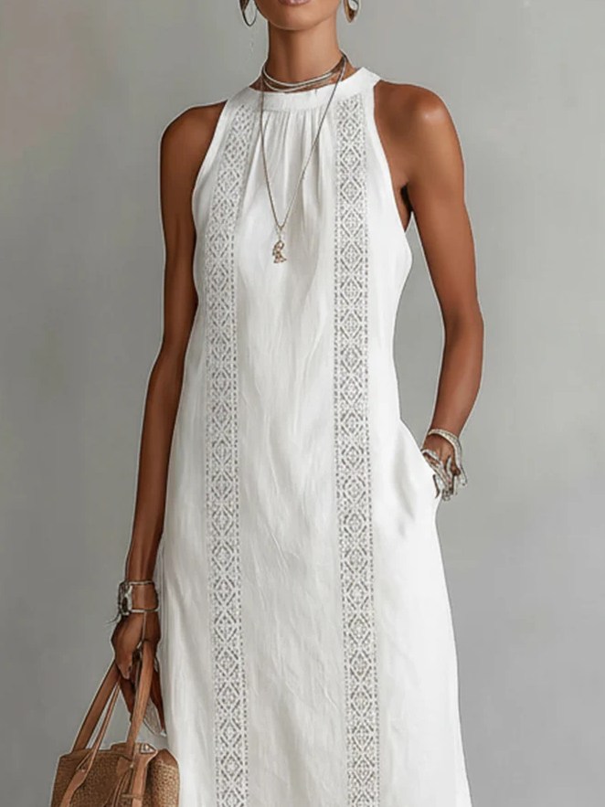 Vestido midi blanco sin mangas con encaje ornamental y cuello tipo caja