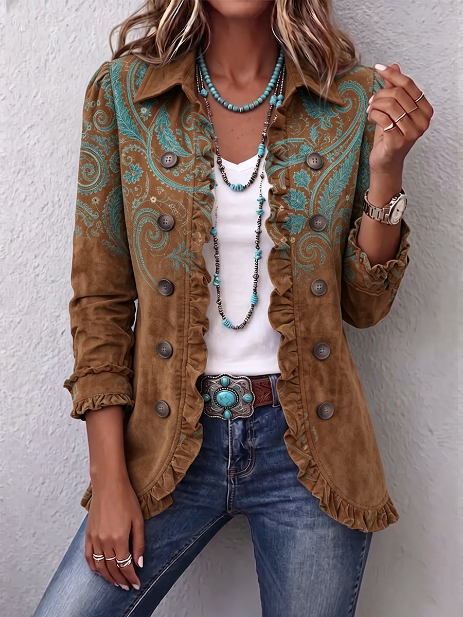 Chaqueta marrón de botones con detalle estampado y cuello con volantes