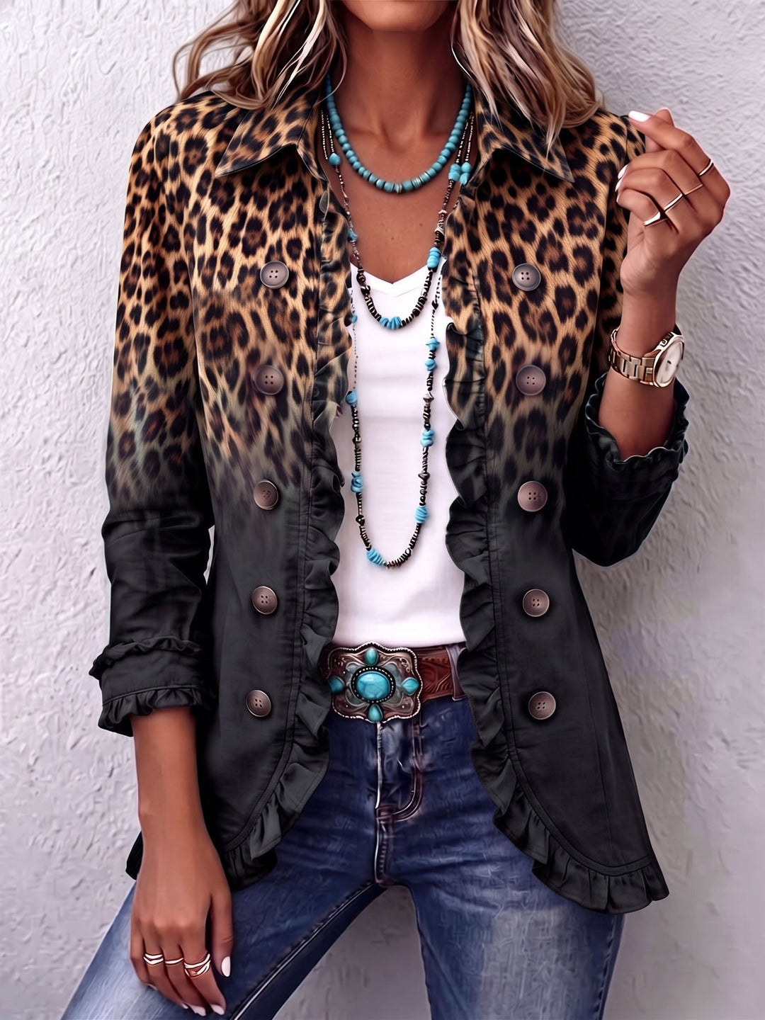 Chaqueta blazer de leopardo negro con volantes y botonadura doble, mangas abullonadas