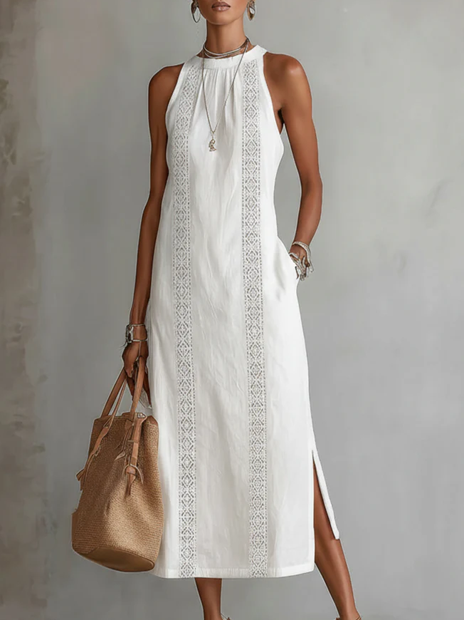 Vestido midi blanco sin mangas con encaje vertical y abertura en el bajo