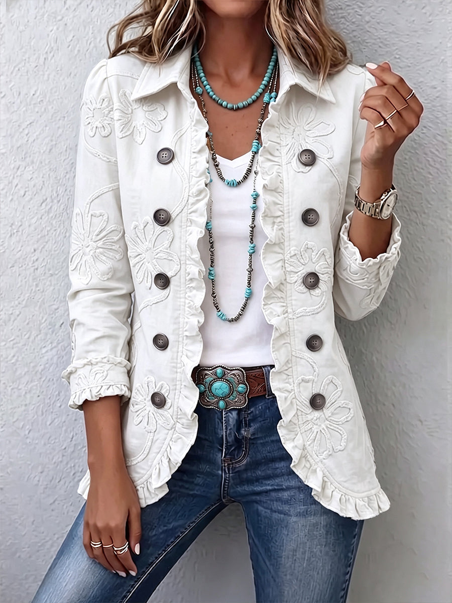Chaqueta bordada marfil con volantes y botones decorativos, manga larga y cuello
