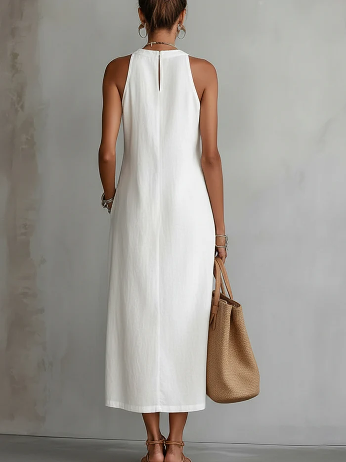 Vestido midi blanco sin mangas con espalda lisa y tiro hasta la rodilla