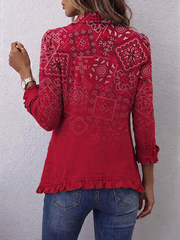 Chaqueta roja estampada de espalda con bajo con volante y cuello alto