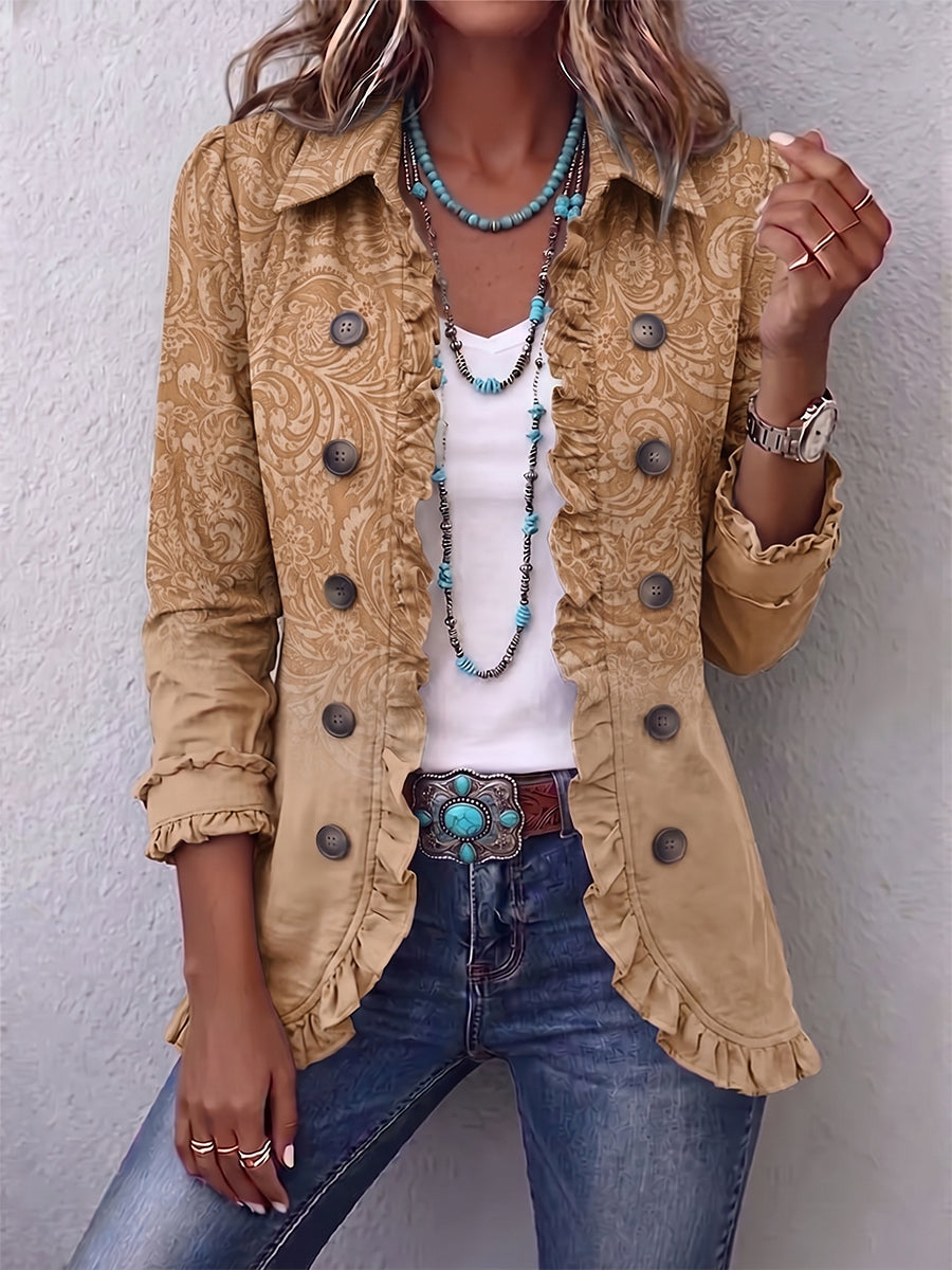 Chaqueta caqui de estampado en relieve con botones y volantes delanteros, puños fruncidos