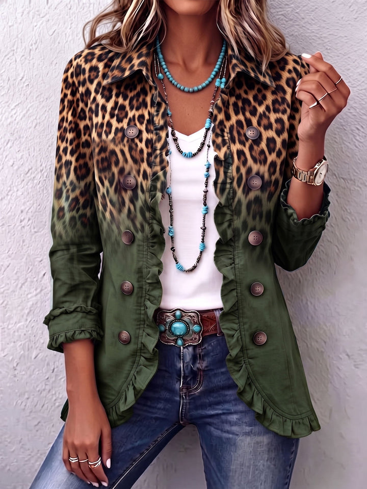 Chaqueta tipo blazer degradada verde con estampado leopardo y volantes en bajo y puños