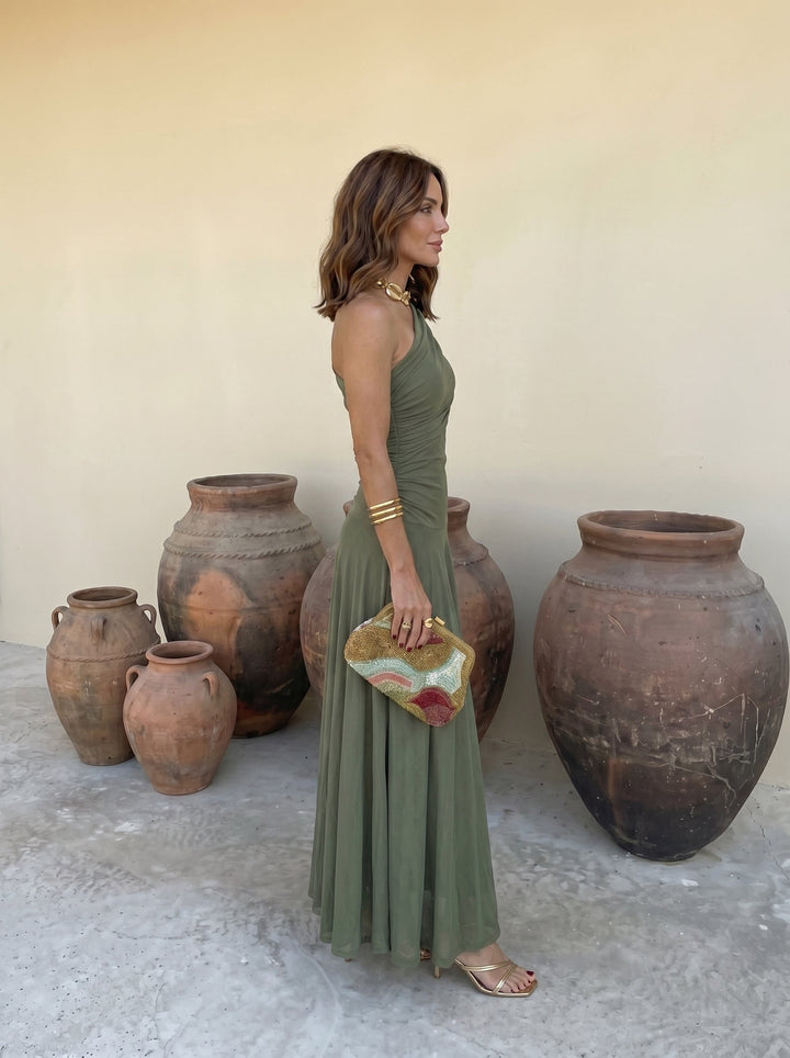 Inés™ | Vestido Largo Hombro Caído Terracota