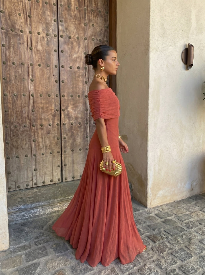 Inés™ | Vestido Largo Hombro Caído Terracota