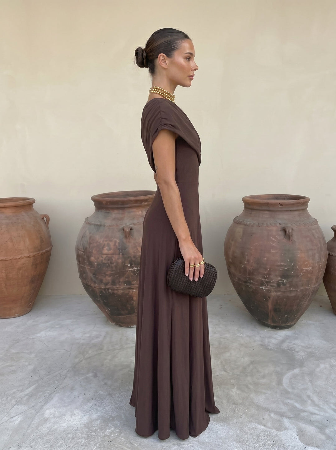Inés™ | Vestido Largo Hombro Caído Terracota