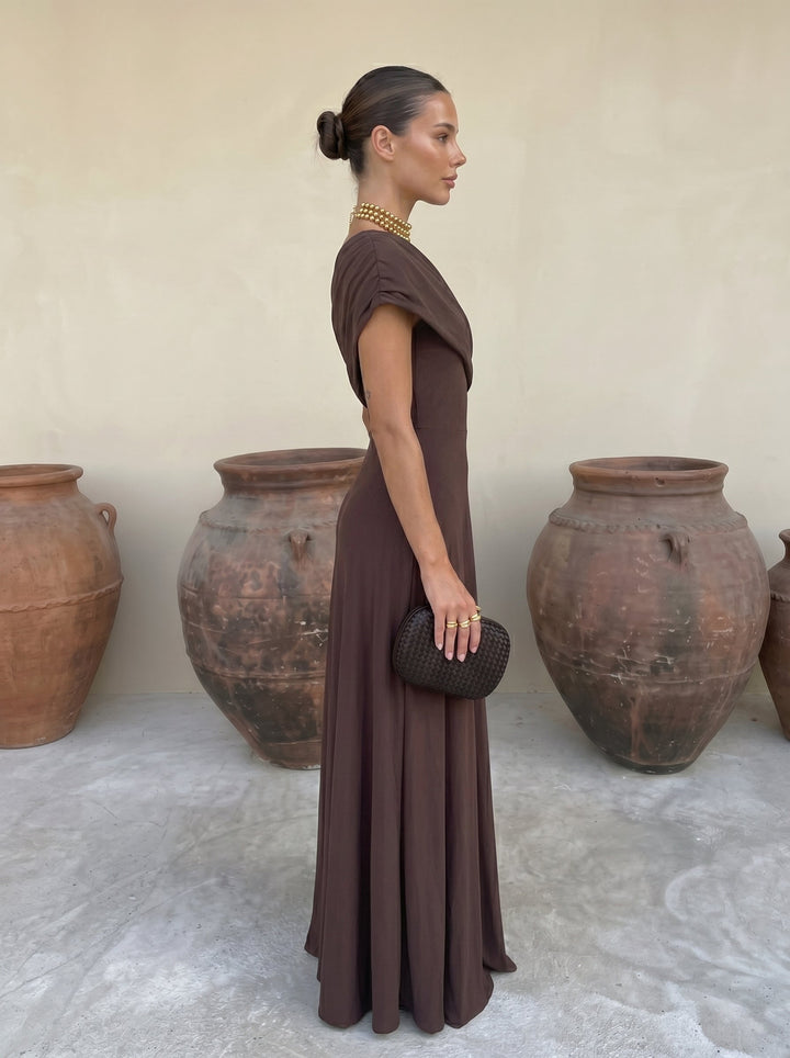 Inés™ | Vestido Largo Hombro Caído Terracota